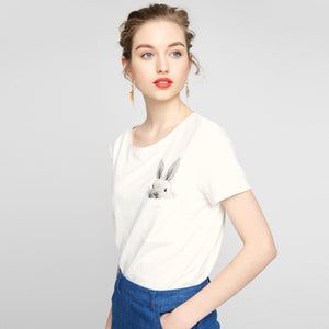 Rabbit pattern front pocket O-ring short sleeves T shirt