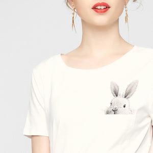 Rabbit pattern front pocket O-ring short sleeves T shirt